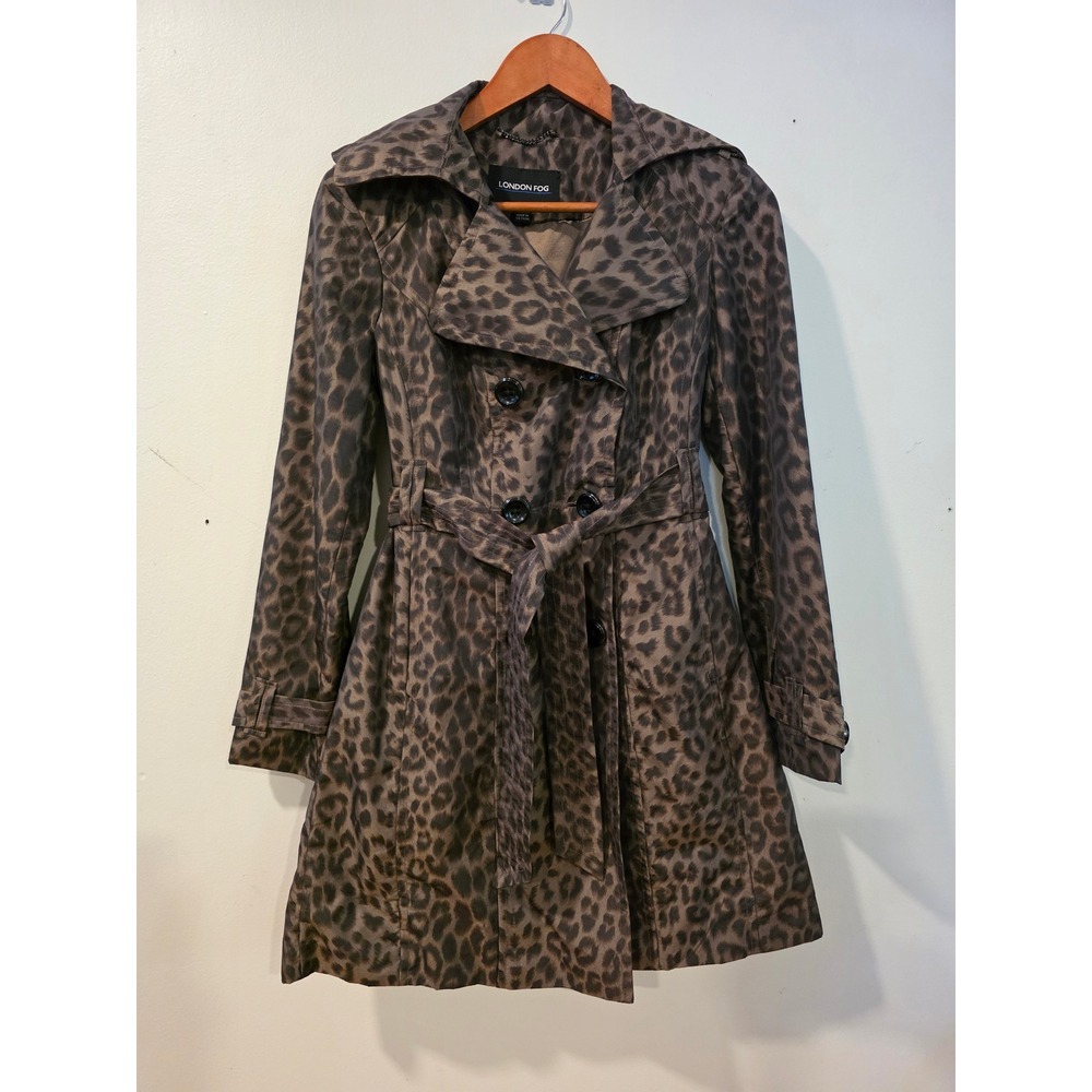 London Fog Womens Leopard Print Double Breasted Trench Coat Brown PXS Belted